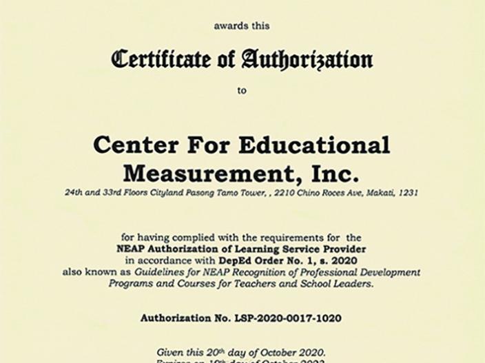 NEAP Certificate of Authorization - CEM